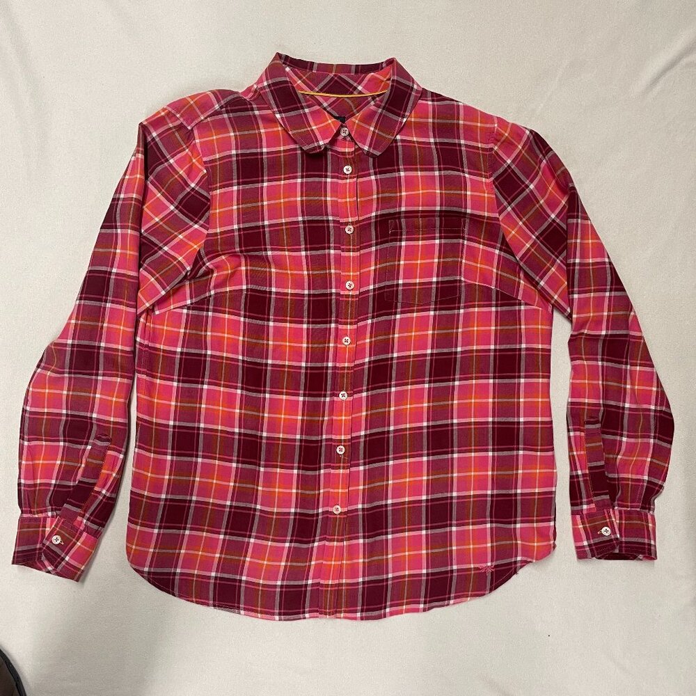 Talbot's Pink Maroon Plaid Collared Button-front Shirt Roll-tab Sleeves Size M